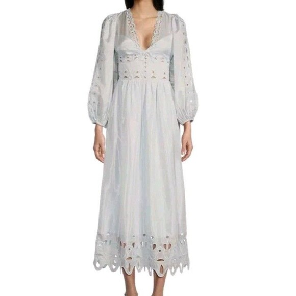 Chelsea & Violet Maxi Puff Sleeve Drop  Crepe Cut Out Vneck Dress Boho Feminine - Picture 1 of 12